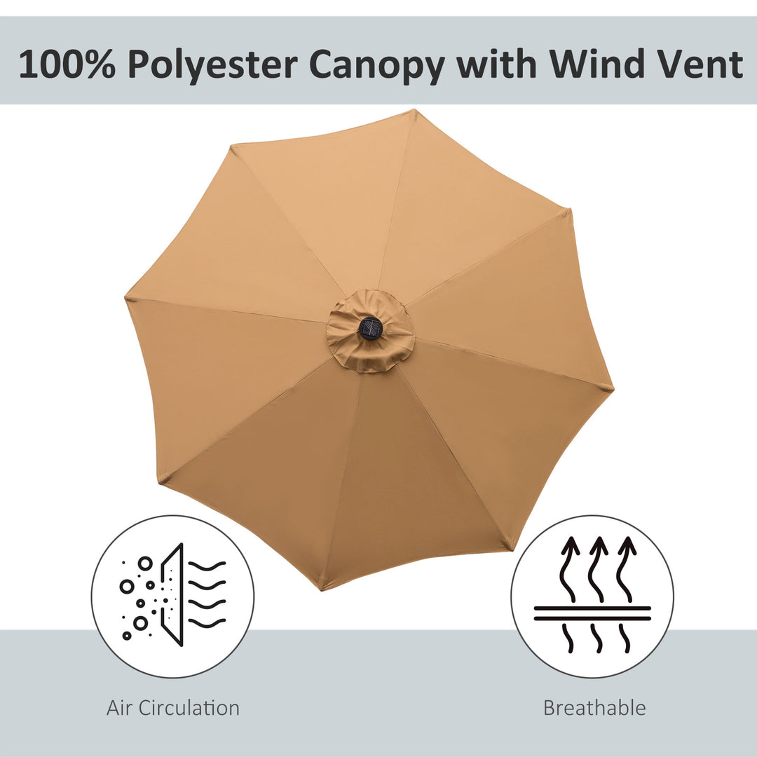 9ft Round Tilting Patio Deck Umbrella Canopy Garden Shade w Solar LED Lights, Crank - Tan Brown