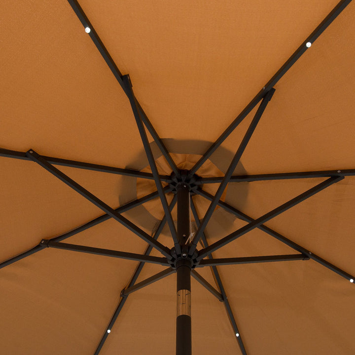9ft Round Tilting Patio Deck Umbrella Canopy Garden Shade w Solar LED Lights, Crank - Tan Brown