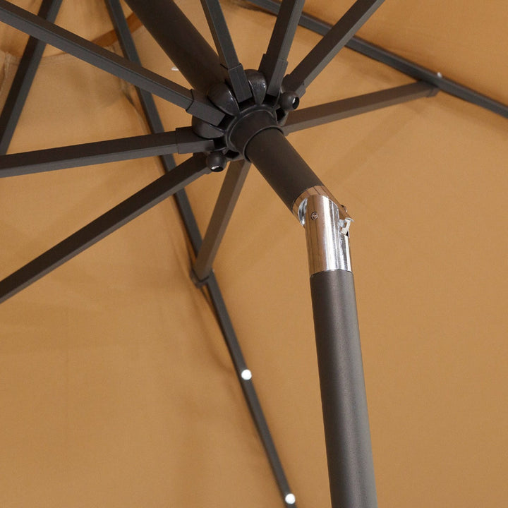 9ft Round Tilting Patio Deck Umbrella Canopy Garden Shade w Solar LED Lights, Crank - Tan Brown