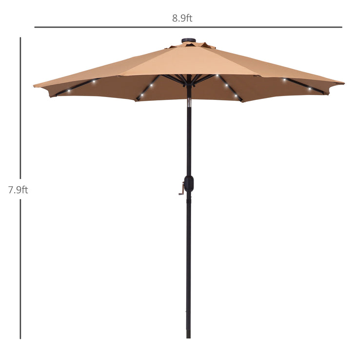 9ft Round Tilting Patio Deck Umbrella Canopy Garden Shade w Solar LED Lights, Crank - Tan Brown