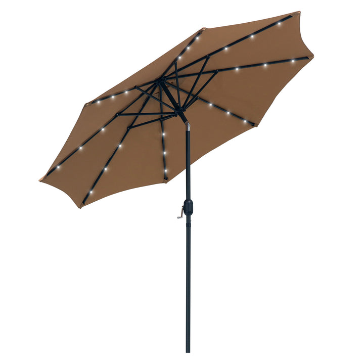 9ft Round Tilting Patio Deck Umbrella Canopy Garden Shade w Solar LED Lights, Crank - Tan Brown