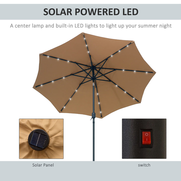 9ft Round Tilting Patio Deck Umbrella Canopy Garden Shade w Solar LED Lights, Crank - Tan Brown