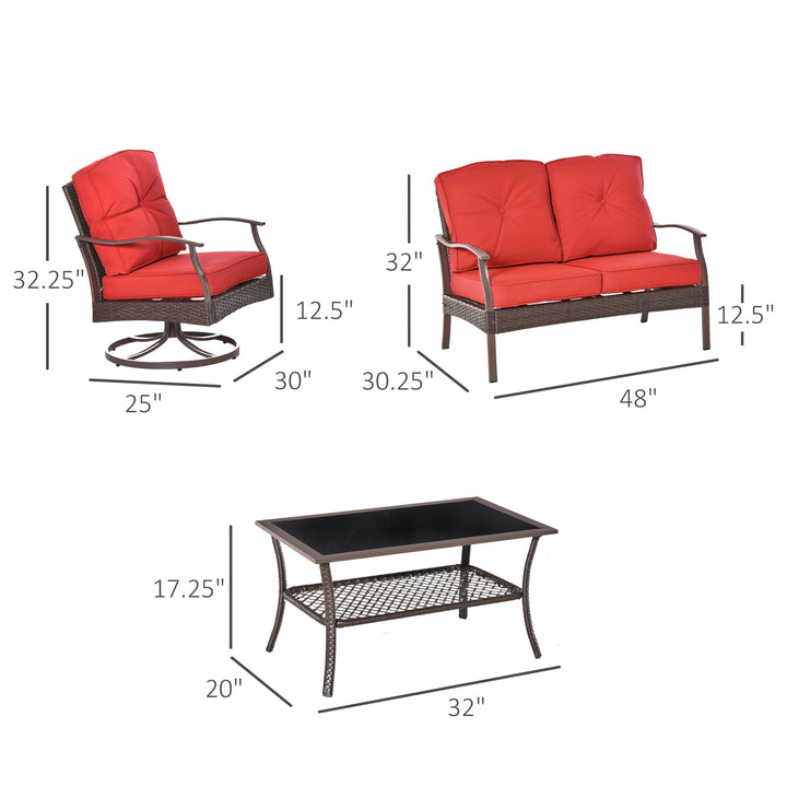 4pc PE Rattan Wicker Conversation Furniture Set w/ Swivel Chairs, Cushions, Outdoor Patio - Red