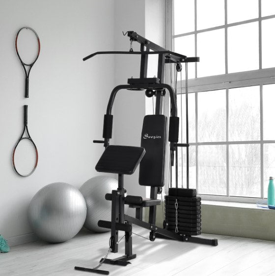 Multi-use Full Body Home Gym Workout Exercise Cable Machine Equipment w/ Counterweight - Black
