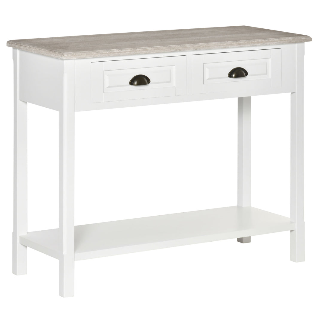 Farmhouse Vintage Console Side Table w 2 Drawers, Shelf Living Home Entry Hall - White, Natural
