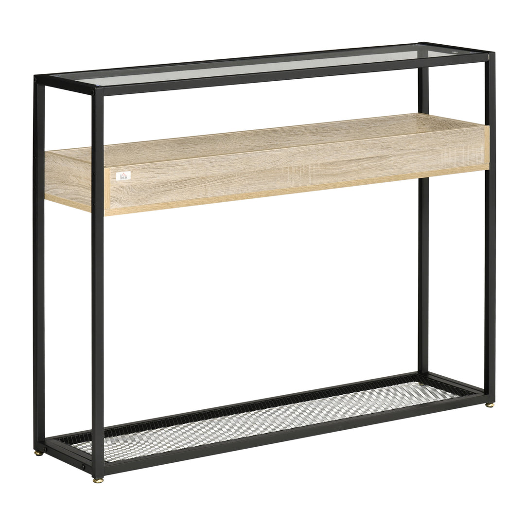 Modern Console Side Sofa Metal Table w/ Wood Shelf, Tempered Glass Top for Living Hall Entrance