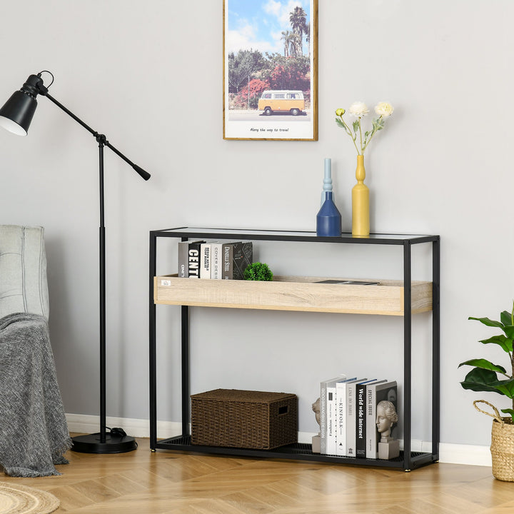 Modern Console Side Sofa Metal Table w/ Wood Shelf, Tempered Glass Top for Living Hall Entrance