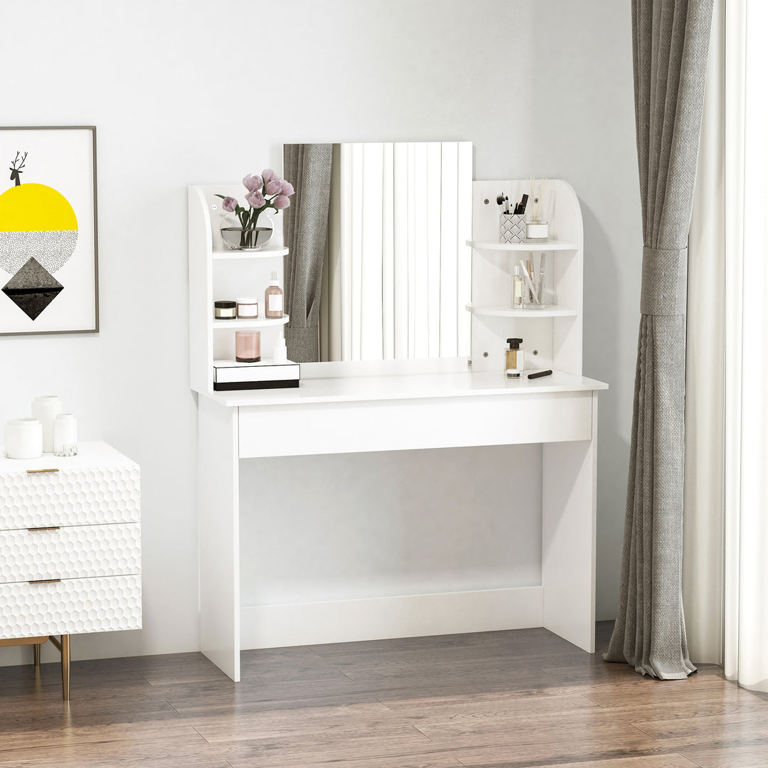 Modern Sleek Vanity Makeup Bedroom Dressing Room Table w/ Mirror, Open Shelf - White