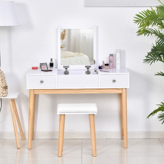 Minimalist Vanity Makeup Dressing Bed Room Table w Flip-Up Mirror, Drawers, Stool – White, Oak