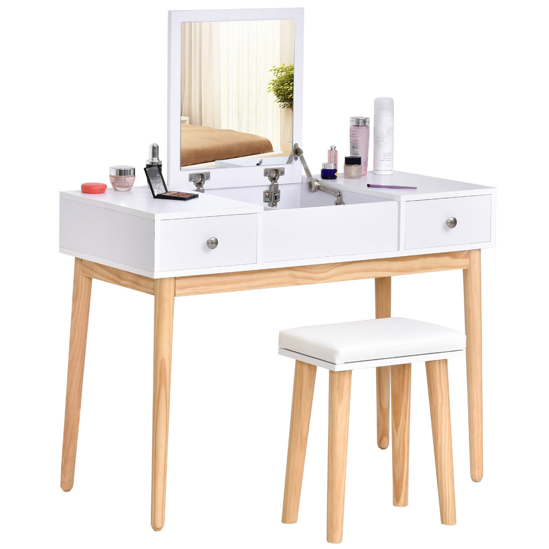 Minimalist Vanity Makeup Dressing Bed Room Table w Flip-Up Mirror, Drawers, Stool – White, Oak