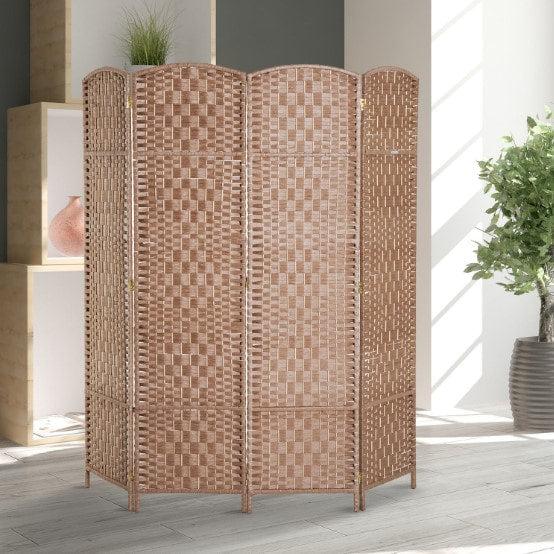 6' Tall 4 Panel Woven Wicker Classic Room Divider Privacy Screen - Natural Blonde Wood Tone