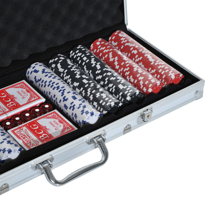 High-Quality Lockable Poker Chip Set Case w/ 2 Decks of Cards 5 Dice and 500 Chips - Silver