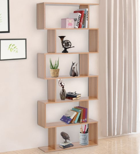 6-Tier Modern S-Shape Bookshelf Display Cabinet Unit for Living Home Office Furniture - Maple