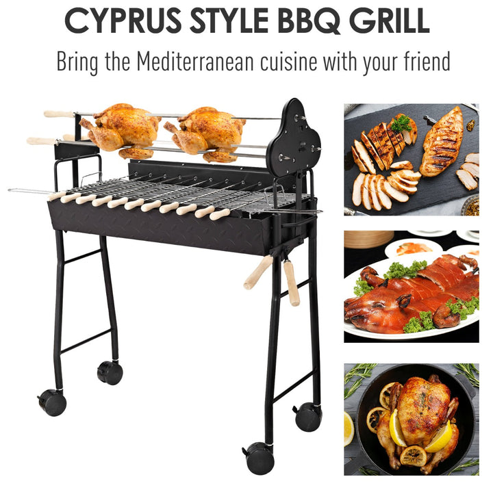 Portable Freestanding Charcoal BBQ Rotisserie Wheel, Kebab Grill on Trolley Deck Picnic - Black