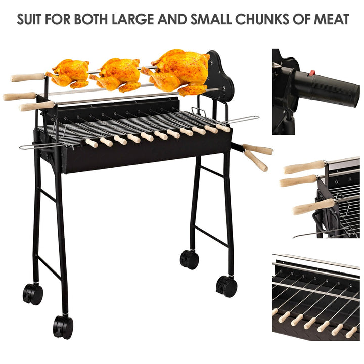 Portable Freestanding Charcoal BBQ Rotisserie Wheel, Kebab Grill on Trolley Deck Picnic - Black
