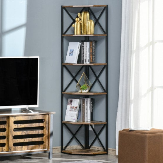 5-Tier Modern Industrial Corner Bookcase Display Storage Unit Living Room Office - Rustic Brown