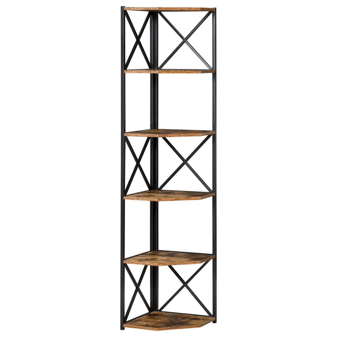 5-Tier Modern Industrial Corner Bookcase Display Storage Unit Living Room Office - Rustic Brown