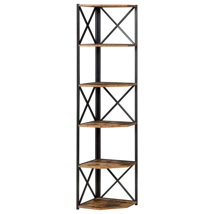 5-Tier Modern Industrial Corner Bookcase Display Storage Unit Living Room Office - Rustic Brown