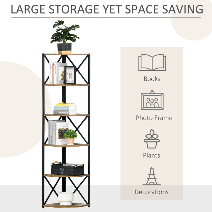 5-Tier Modern Industrial Corner Bookcase Display Storage Unit Living Room Office - Rustic Brown