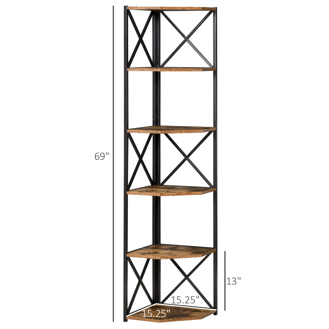 5-Tier Modern Industrial Corner Bookcase Display Storage Unit Living Room Office - Rustic Brown
