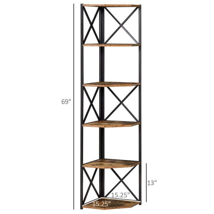 5-Tier Modern Industrial Corner Bookcase Display Storage Unit Living Room Office - Rustic Brown