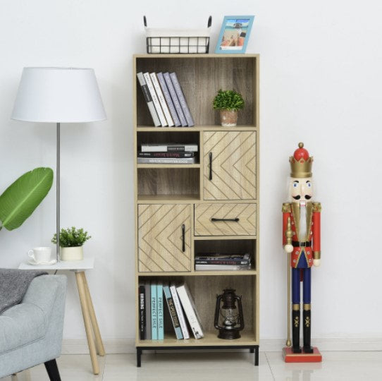 Retro Patterned Bookcase Display Storage Shelf Cabinets Drawer Living Room Bedroom- Wood Grain