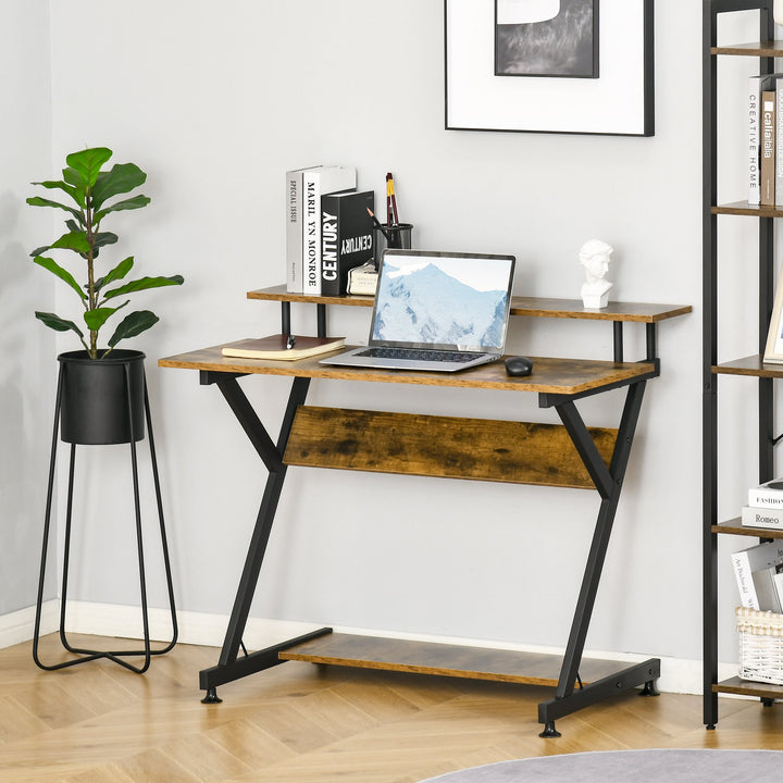 Compact Wide Computer Gaming Desk Monitor Stand Shelf Office Bedroom Dorm - Rustic Brown Black