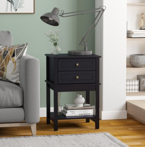 Modern Accent End Side Table Nightstand w/ 2 Drawers and Shelf Living Room Bedroom - Black