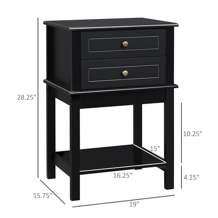 Modern Accent End Side Table Nightstand w/ 2 Drawers and Shelf Living Room Bedroom - Black