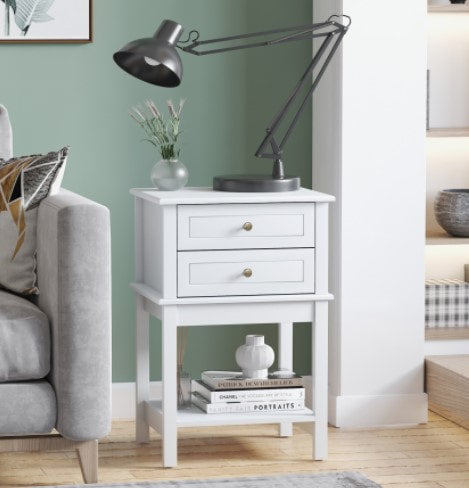 Modern Accent End Side Table Nightstand w/ 2 Drawers and Shelf Living Room Bedroom - White