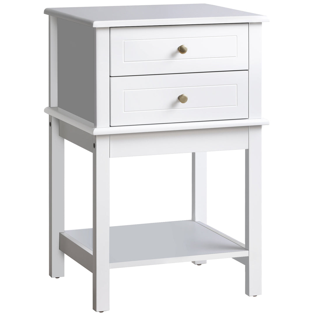Modern Accent End Side Table Nightstand w/ 2 Drawers and Shelf Living Room Bedroom - White