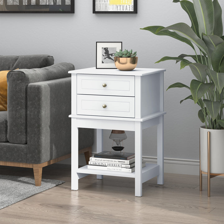 Modern Accent End Side Table Nightstand w/ 2 Drawers and Shelf Living Room Bedroom - White