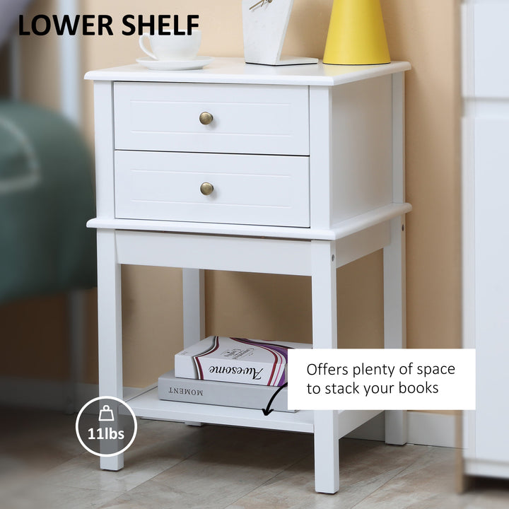 Modern Accent End Side Table Nightstand w/ 2 Drawers and Shelf Living Room Bedroom - White