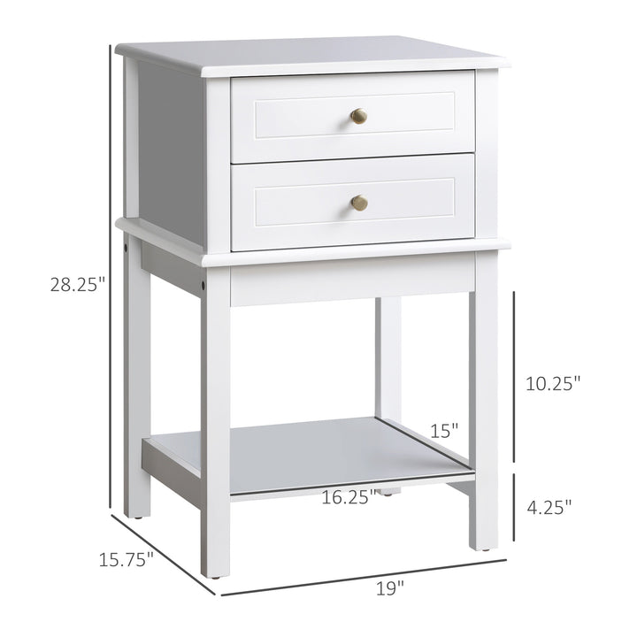 Modern Accent End Side Table Nightstand w/ 2 Drawers and Shelf Living Room Bedroom - White