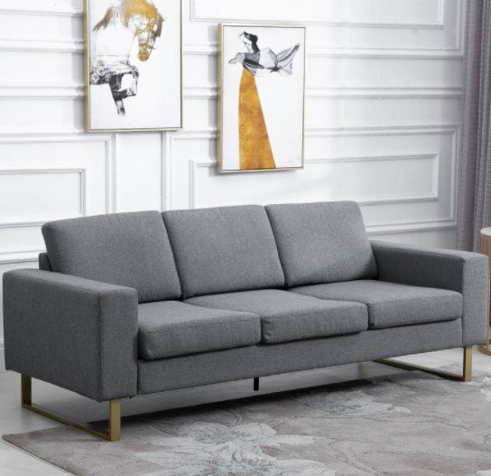 Modern Contemporary 3-Seater Linen Couch Sofa Living Room w/ Wide Tracked Armrests - Grey