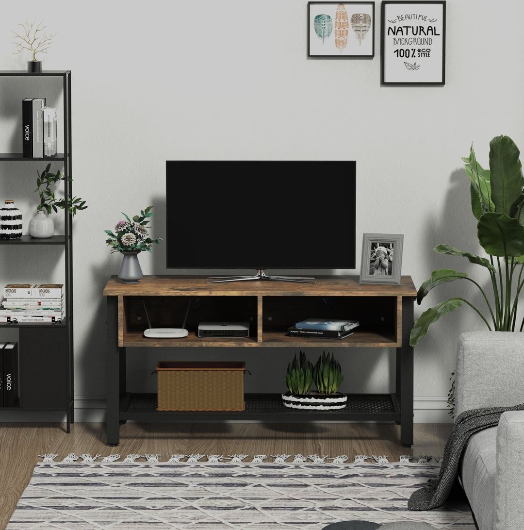 Modern Industrial Media Center TV Console Stand w/ Shelves, Black Metal Frame - Rustic Brown