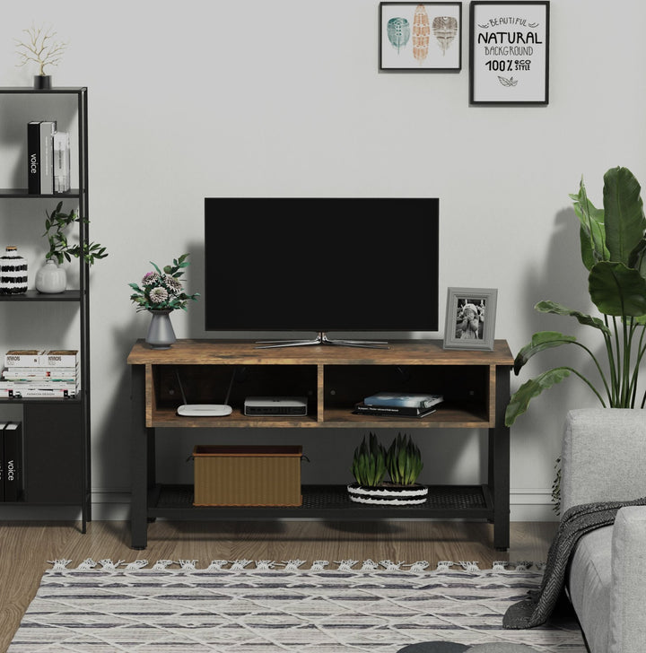 Modern Industrial Media Center TV Console Stand w/ Shelves, Black Metal Frame - Rustic Brown