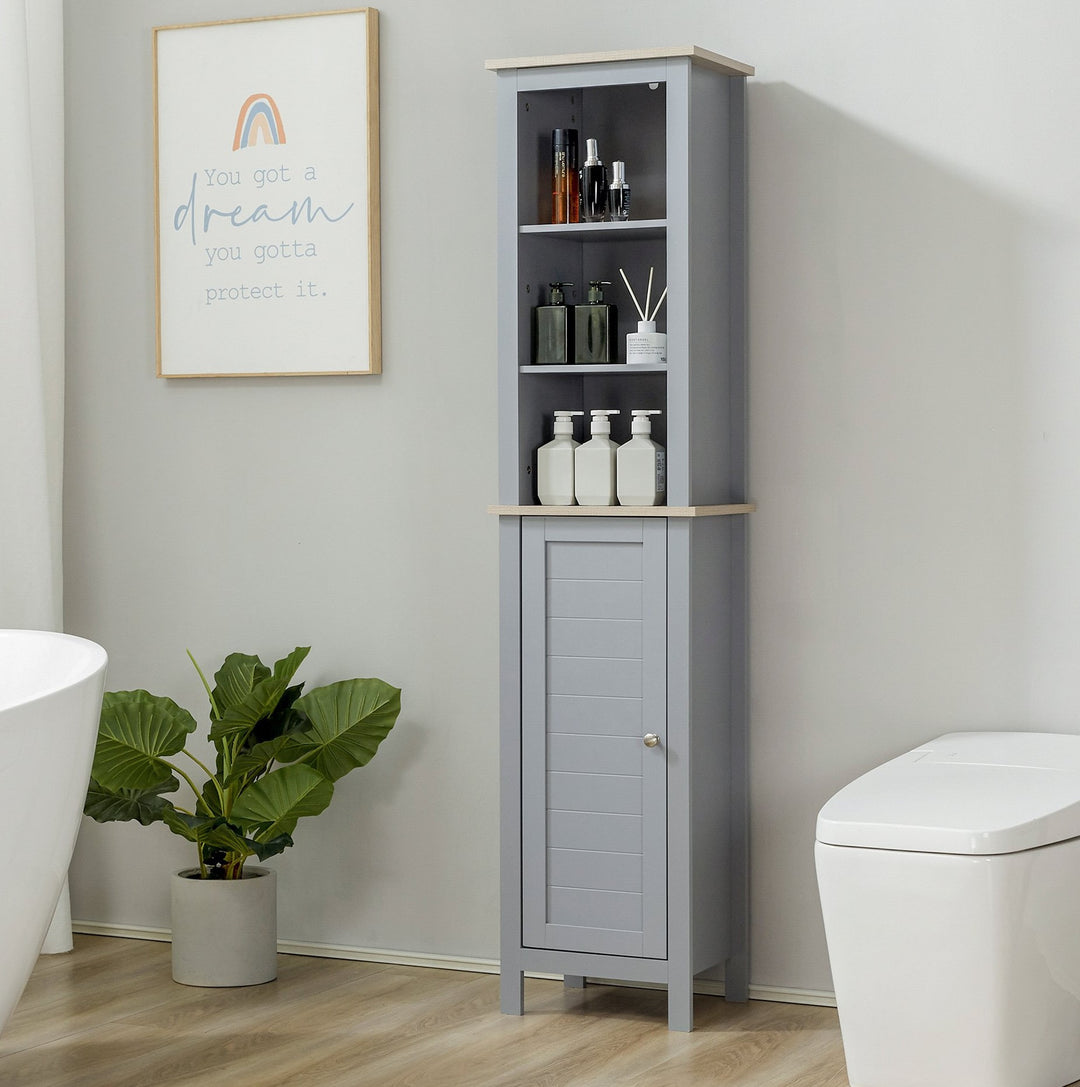 Modern Tall Slim Bathroom Storage Linen Tower Shelf Organizer Cabinet w/ Shelves, Door - Grey
