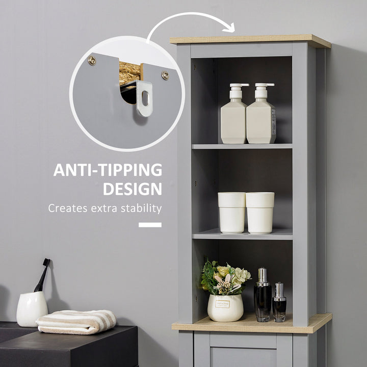 Modern Tall Slim Bathroom Storage Linen Tower Shelf Organizer Cabinet w/ Shelves, Door - Grey
