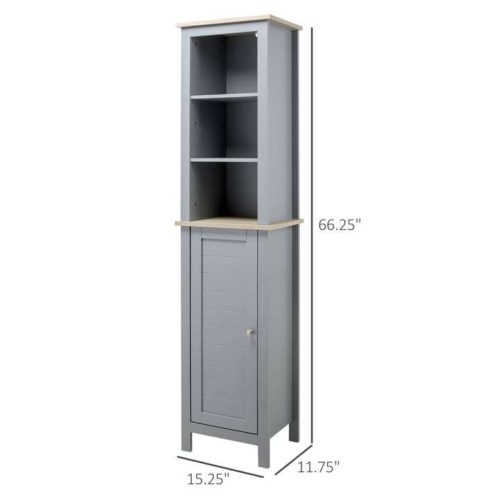 Modern Tall Slim Bathroom Storage Linen Tower Shelf Organizer Cabinet w/ Shelves, Door - Grey