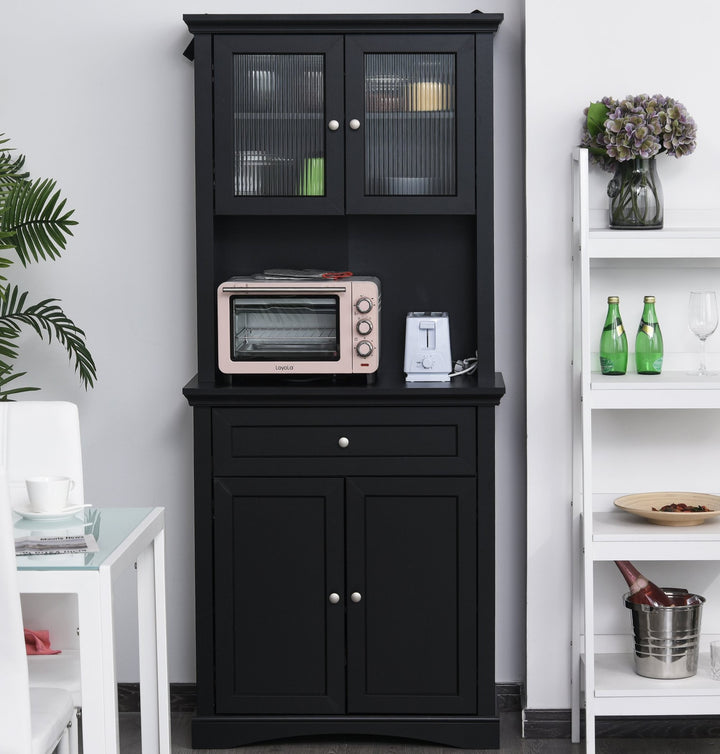 Tall Modern Colonial Kitchen Pantry Storage Microwave Cabinet w/ Shelves, Drawer - Black