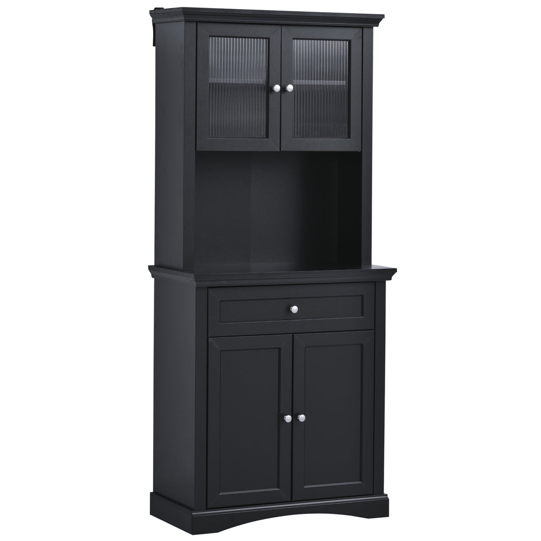 Tall Modern Colonial Kitchen Pantry Storage Microwave Cabinet w/ Shelves, Drawer - Black