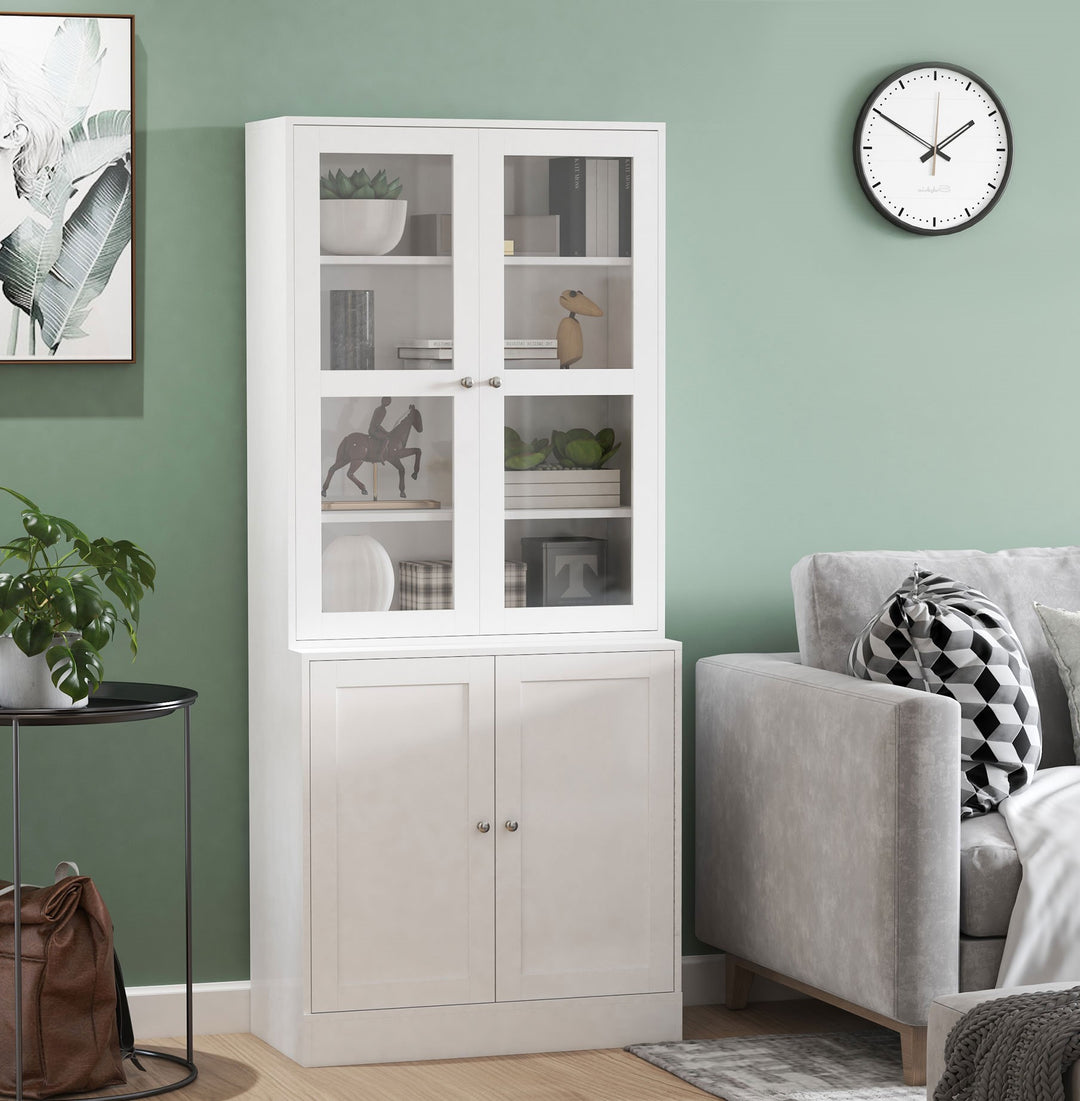 Tall Modern Display Storage Cabinet Book Shelf w/ Glass Doors, Office Living Room Den - White