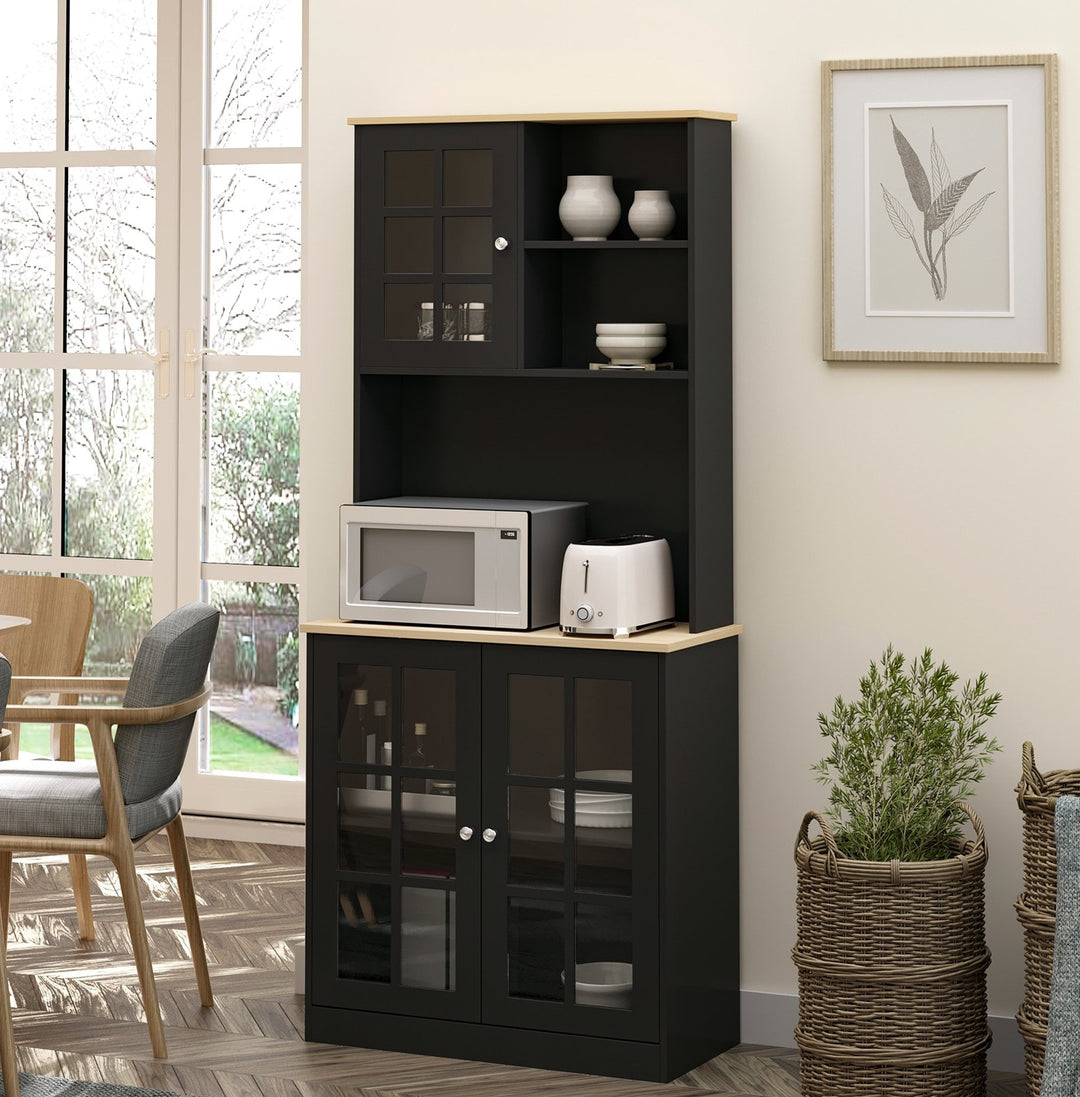 Kitchen Pantry Hutch Buffet Storage Unit w/ Cabinets Shelves & Appliance Stand - Black & Oak