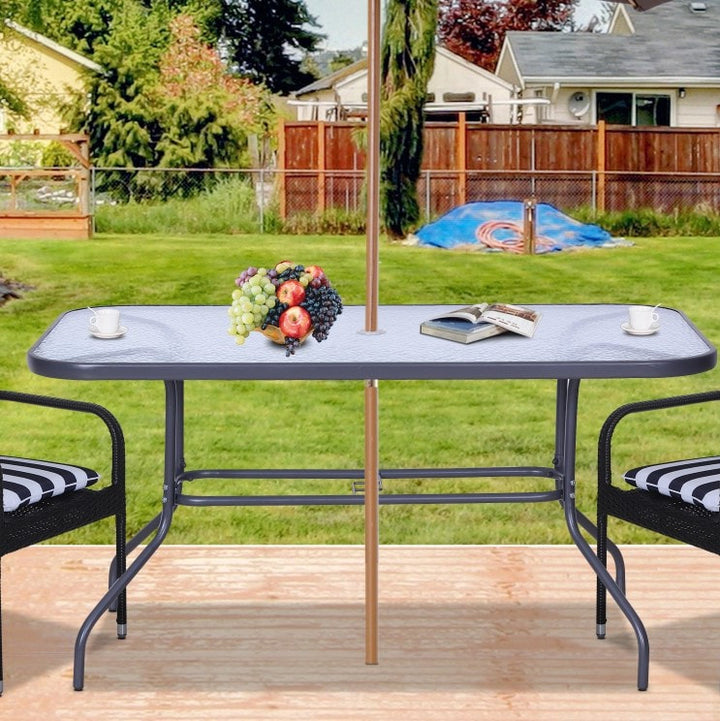 47.25" x 31.5" Rectangle Glass Top Dining Patio Table Outdoor Garden w Umbrella Hole, Dk Grey