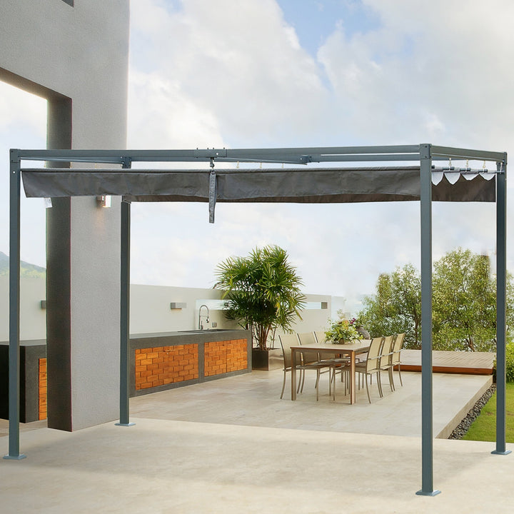 10' x 7' Metal Pergola Gazebo Shelter w Retractable Roof Sun Shade Deck Patio, Grey Black