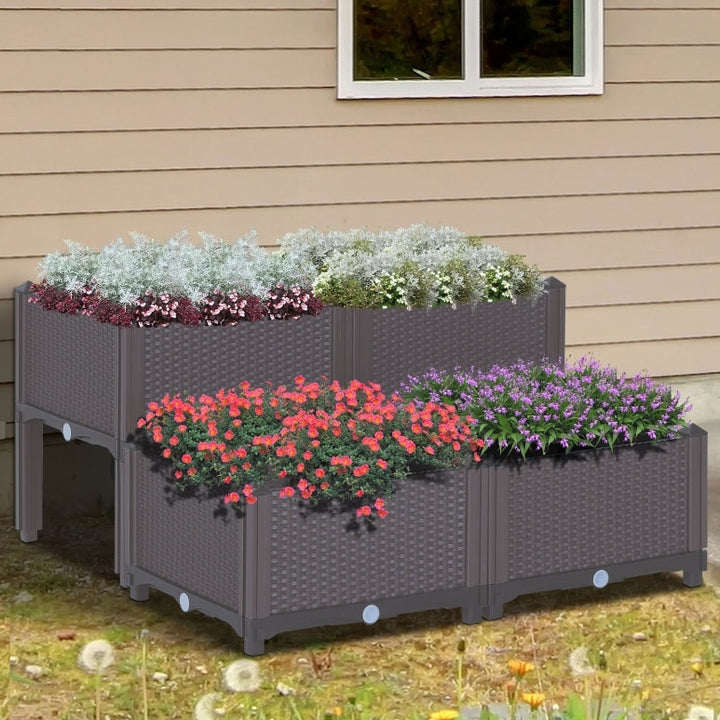 4pc 2 Tier Plastic Raised Veggie Flower Herb Bed Planter w Drainage, Outdoor Gardening, Brown