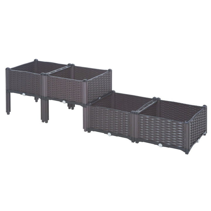 4pc 2 Tier Plastic Raised Veggie Flower Herb Bed Planter w Drainage, Outdoor Gardening, Brown