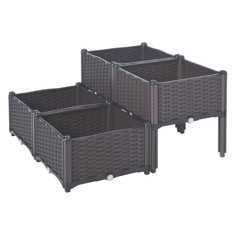4pc 2 Tier Plastic Raised Veggie Flower Herb Bed Planter w Drainage, Outdoor Gardening, Brown