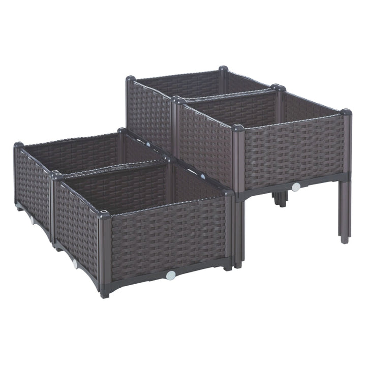 4pc 2 Tier Plastic Raised Veggie Flower Herb Bed Planter w Drainage, Outdoor Gardening, Brown